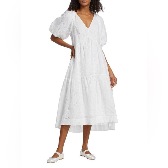 Frame Broderie Anglaise Ramie Puff Sleeve Midi Eyelet Dress in White - Picture 15 of 16